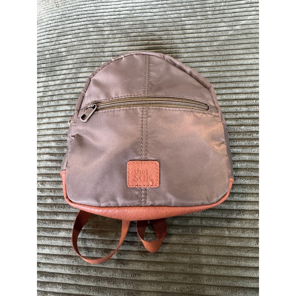 The Sak Mini Backpack Purse Olive Brown Faux Leather‎ Trim Travel Bag